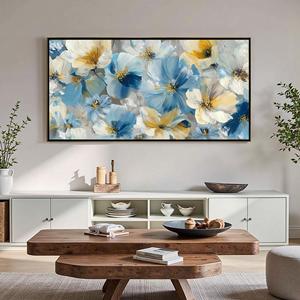 Stampa su Tela Floreale, Dipinto di Fiori Blu e Gialli, Arte Murale Floreale Astratta, Decorazione Moderna per Soggiorno, Grande Dipinto Incorniciato - Product Image 1