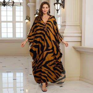 Robe longue d'été vintage sexy en coton et rayonne tissée, manches chauve-souris, col en V, imprimé léopard, pour soirée, transfrontalier - Product Image 3