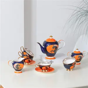 JIABAIEN Royal style 15pcs bone China tea set horse decal colorful design teapot tea cup set custom ceramic coffee set for gift