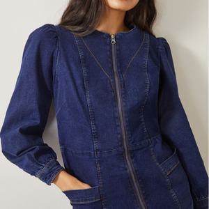 Robe en jean extensible bleue pour femme, style décontracté, nouvelle collection printemps 2025, fermeture éclair, ceinture, col rond, mini-robe pour femme - Product Image 2