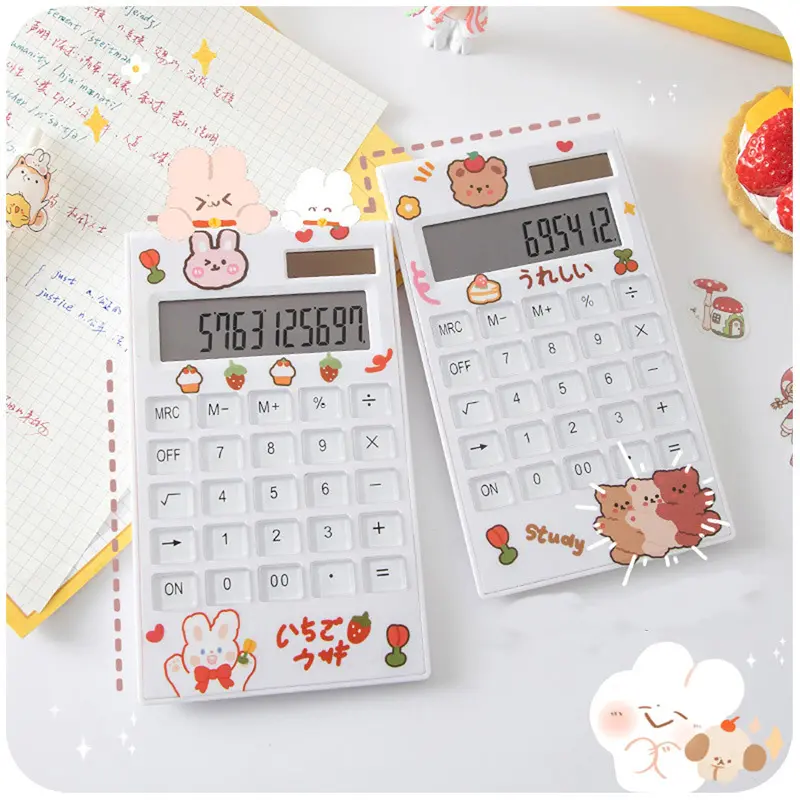 High quality transparent button solar 12 digit cute cartoon printing square handheld desktop student calculator