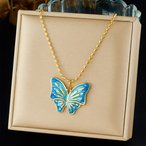 Butterfly Pendant Necklace Stainless Steel Pink Purple Enamel Chain Gift Jewelry - Product Image 2