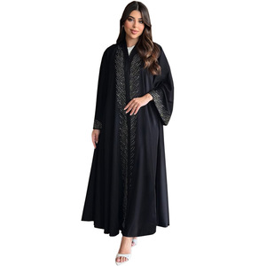 Nuovo abito da sera islamico Abaya donna nero a righe metallizzate aperto Abaya modesto Saudi Dubai - Product Image 5
