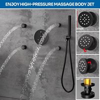 Système de douche double tête Homedec avec 4 jets latéraux, jet pluie 4 voies et douchette à main 6 pouces, montage au plafond, laiton noir mat