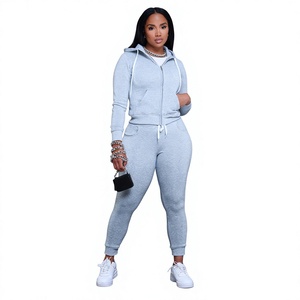 Ensemble sweat-shirt gris à capuche et fermeture éclair pour femme, taille haute, manches longues, décontracté, tricoté, couleur unie, toutes saisons, coupe classique - Product Image 1