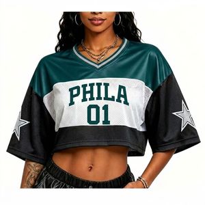 Maillot de football court pour femme, personnalisable OEM ODM avec nom, pour événements communautaires, en maille patchwork, à épaules tombantes, faible MOQ - Product Image 2