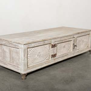 Vintage Ấn Độ Gỗ Tếch hộp Bàn cà phê whitewashed kết thúc phức tạp chạm khắc kết cấu độc đáo thực tế lưu trữ đồ nội thất nhà - Product Image 3