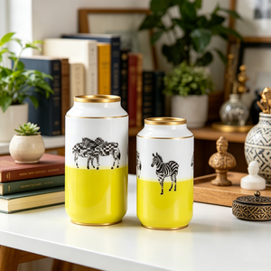 Set di Vasi in Ceramica con Stampa Zebrata Gialla e Bianca con Bordo Dorato, Vasi Decorativi Moderni con Motivi Animali per Arredamento Casa - Product Image 5