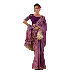 Sari en soie de mousseline violette avec motif floral brodé, sari indien traditionnel pour mariage, pour femmes, longueur standard, toutes saisons - Product Image 1