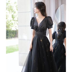 Women's Black Evening Gown V Neck Ball Gown Taffeta Fabric Natural Waistline Zipper Closure Elegant Long Dress For Banquets - Product Image 4