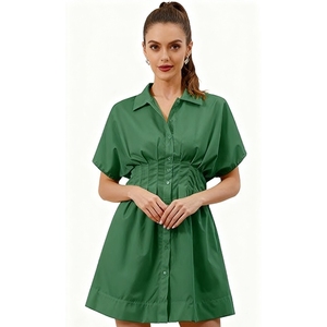 เดรสเชิ้ตผู้หญิงแขนสั้นลายทางติดกระดุมจีบแฟชั่น - Product Image 4