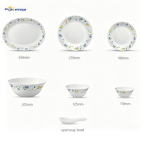 Service de table en verre opale 33 pièces, motif floral bleu et jaune, bord festonné, assiettes, bols, cuillères, pour la maison