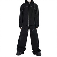 Ensemble de survêtement d'hiver léger à capuche pour homme, personnalisé, avec bande réfléchissante, en polyester/coton, noir, coupe ample et décontractée, avec cordon de serrage