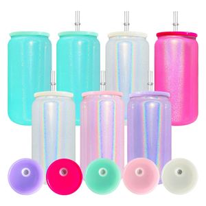 Vaso de Cerveza de Vidrio Borosilicato con Brillo Arcoíris de 16 oz, Vaso Sublimable con Tapas Brillantes de Colores - Product Image 1