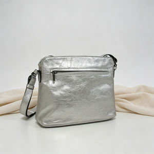 <b>Silver</b> Metallic Leather Crossbody <b>Bag</b> Adjustable Strap Front Pocket Casual Shoulder Purse - Product Image 2