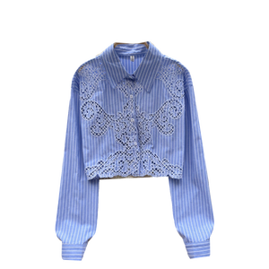 Camisa de Mujer de Manga Larga con Rayas, Estilo Lujoso y Ligero, con Detalle de Encaje y Corte Recortado a la Moda - Product Image 1