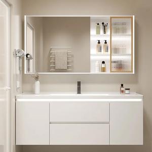 <span class=keywords><strong>Set</strong></span> Mobile da <span class=keywords><strong>Bagno</strong></span> Sospeso di Lusso dal Design Moderno in Legno con Lavabo in Ceramica e Specchio a LED per Casa Hotel Ufficio - Product Image 3
