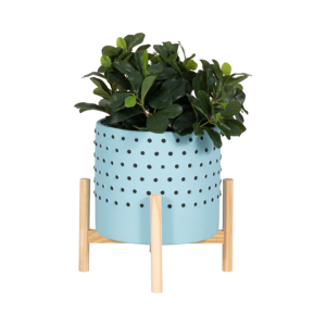 Vaso in ceramica con supporto in legno per uso interno ed esterno, azzurro con puntini neri, diametro 12 pollici - Product Image 2