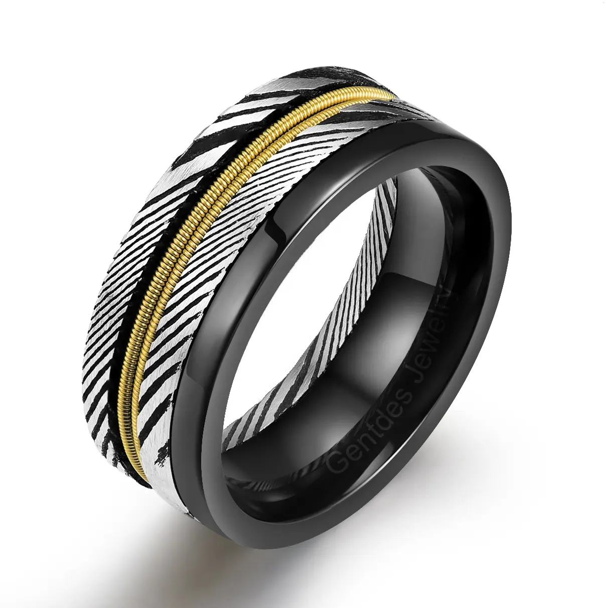 Anel de damasco masculino, anel preto de damasco com 8mm, cordas de ouro, para casamento