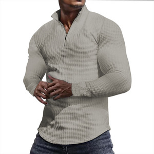 Pull à col montant à demi-zip pour homme, à carreaux, en tissu tricoté respirant, pour l'automne - Product Image 1