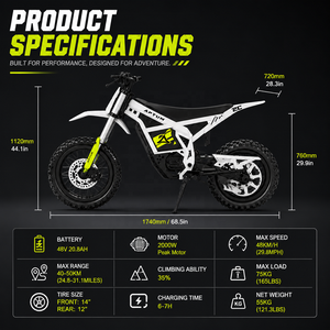 Moto tout-terrain électrique 2000W de pointe 48V 20AH, 14/12 pouces, à moteur central, pour adultes et adolescents, vitesse maximale 45km/h, homologuée COC, expédiée depuis notre entrepôt aux États-Unis - Product Image 6