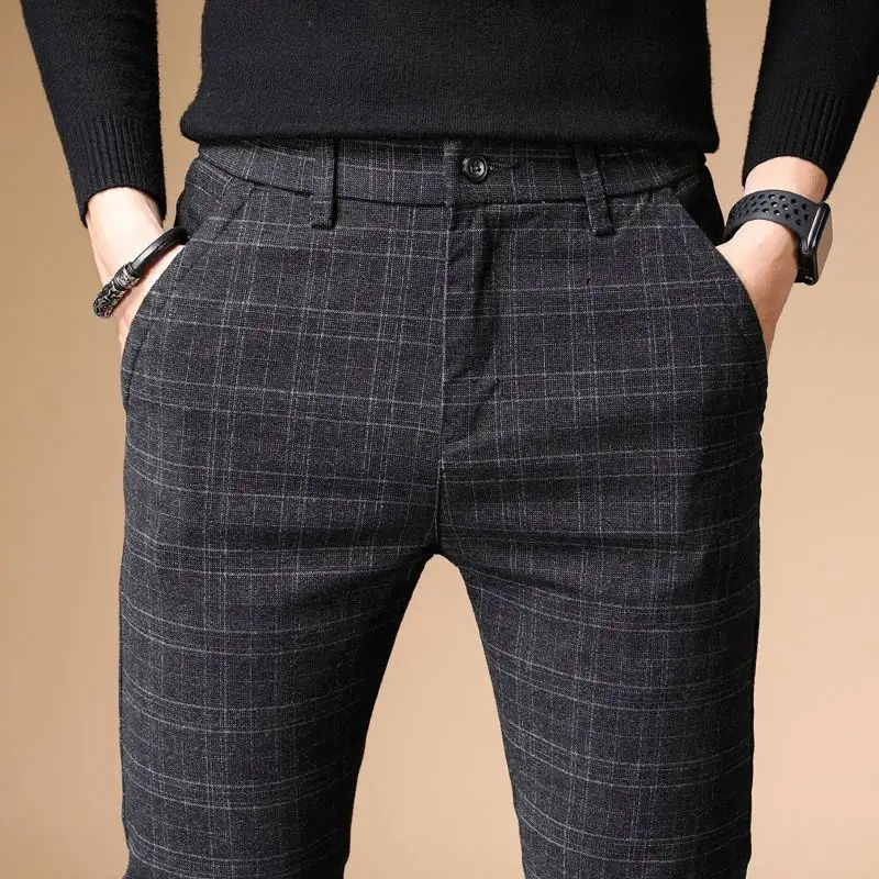 Pantalon de bureau décontracté à carreaux pour hommes, pantalon en coton formel, coupe Slim pour hommes, pantalon de costume Long