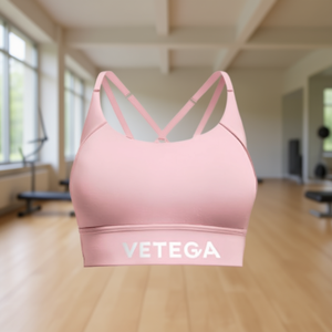 Vetega Women's High Support Sports <b>Bra</b> with Crisscross Back <b>Straps</b>, Removable Padded Wireless Crop Top in Rosa Pink - Product Image 2