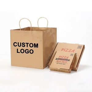 Sacs en papier kraft recyclé écologiques avec logo personnalisé pour la promotion de pizzas à emporter des restaurants, avec poignée et base carrée large - Product Image 3
