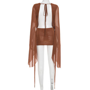 เดรสสั้นรัดรูปคอวีลึกแขนยาวของผู้หญิงชุดเดรสสั้นผ้าตาข่ายเซ็กซี่ - Product Image 5