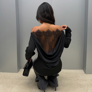 Top Corto de Mujer Sexy de Verano para Club, con Hombros Descubiertos, de Encaje, Tejido Liso Teñido, Manga Larga Transparente, Negro, de Malla Transparente - Product Image 6