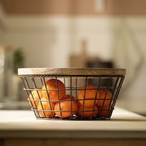 <b>Rectangular</b> <b>Storage</b> <b>Basket</b> With Wooden Lid Minimalist Kitchen Food Container Durable Metal Wire <b>Basket</b> - Product Image 1