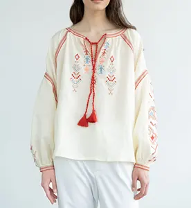 Blusa feminina casual de algodão de linho bordado elegante para mulheres, blusa feminina popular personalizada