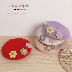 Südkorea Süße Herbst und Winter Tricolor Blume Kinder Baskenmütze Mädchen Reise Wolle Baby Maler Hut