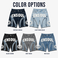 Shorts en jean délavé effet vieilli personnalisés pour hommes, style streetwear, coupe ample, avec broderie, patchs et appliques, fermeture éclair, taille moyenne, OEM