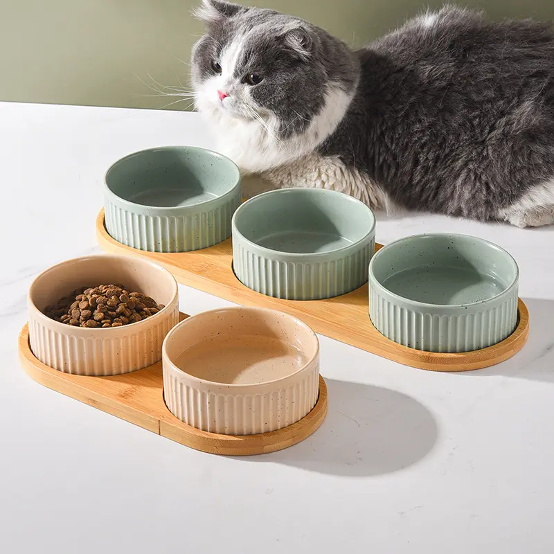 Manufacturer wholesale vertical grain ceramic wooden frame pet cat dog food bowl