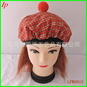 Chapeau écossais à carreaux avec perruque, béret rouge à carreaux, accessoire de costume de fête unisexe LPW0015 - Product Image 1