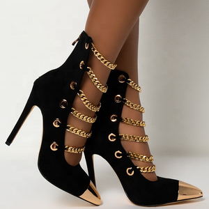 Western Style Zipper Stiletto Women Dress Shoes Metal Chain Decorate Pointed Toe <b>Black</b> Fashion High Heels Women <b>Pumps</b> - Product Image 2