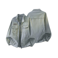 Veste en jean délavée vintage pour homme, col montant zippé, effet usé, streetwear ample brodé, veste décontractée
