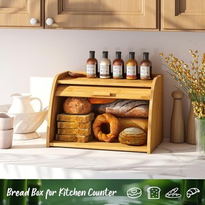 Boîte à pain en bambou naturel à couvercle roulant pour comptoir de cuisine, rangement alimentaire, support pour boîtes à pain pour le rangement des aliments dans la cuisine - Product Image 6