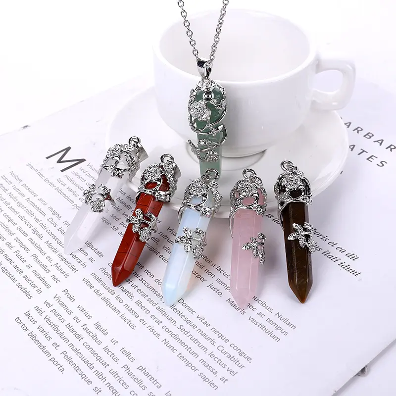 RisingMoon New Fashion Silver Flower Wrapped Hexagon Necklace Natural Crystal Stone Pendant Necklace