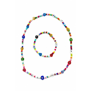 Parure de bijoux bohèmes en verre perlé, collier et <span class=keywords><strong>bracelet</strong></span> multicolores avec breloque fleur grecque Mati et pendentifs aux quatre motifs - Product Image 2