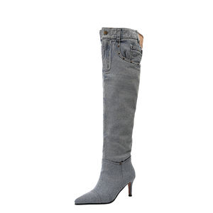 Toptan/OEM amerikan baharat kızlar kış yüksek üst diz-yüksek Denim çizmeler sivri burun <span class=keywords><strong>Stiletto</strong></span> topuk yüksekliği artan yığını katı - Product Image 3