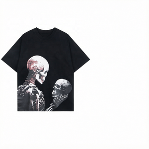 Men's Regular Black T-Shirt with <b>Skull</b> Pattern Digital Print O-Neck Short Sleeve Hip Hop Style 100% Cotton Front Logo - Product Image 3