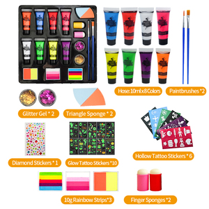 Kit de peinture pour le visage tout-en-un en gros |   8 tubes de peintures + paillettes |   Comprend des pinceaux, des pochoirs et des autocollants. - Product Image 2