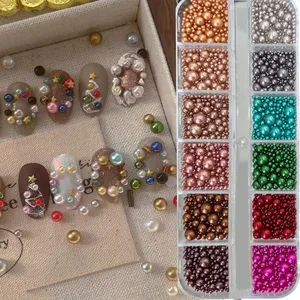 12 grilles de perles de Noël rouges/vertes en strass <span class=keywords><strong>pour</strong></span> ongles, perles de différentes tailles, perles colorées, breloques <span class=keywords><strong>pour</strong></span> nail art de Noël - Product Image 2