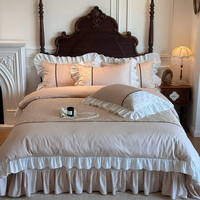 Parure de lit en coton premium à volants, beige rose, avec bordure en dentelle jacquard et passepoil, 4 pièces (housse de couette, drap, taies d'oreiller)