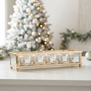 Wholesale Rectangular Gold Tea <b>Light</b> Holder with Designer Glass Panels for Christmas Valentine's Day & Easter Home Decoration - Product Image 1