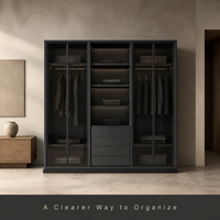 Armoire à portes vitrées en charbon de bois GoldenHome |   Cadre en métal fin |   LED Chaud Intérieur |   Étagères et tringle à suspendre |   Minimaliste moderne
