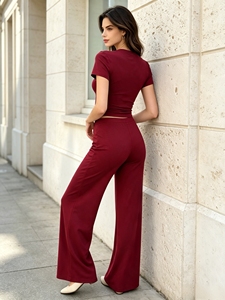 Ensemble deux pièces pour femmes, haut court ajusté à manches courtes, pantalon à taille haute et jambes larges, élégant, décontracté, pour le bureau, tous les jours, sorties - Product Image 3