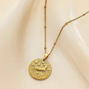 Fanyue Aries Gold Plated Stainless Steel Gold Round Coin Zodiac Necklace Embossment Necklace For Women